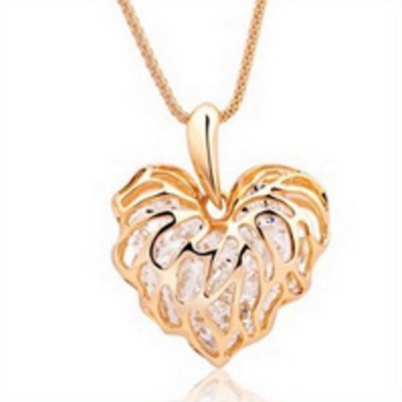 Gold Tone Filigree Heart Filled w/Crystals Necklace - Picture 1 of 1